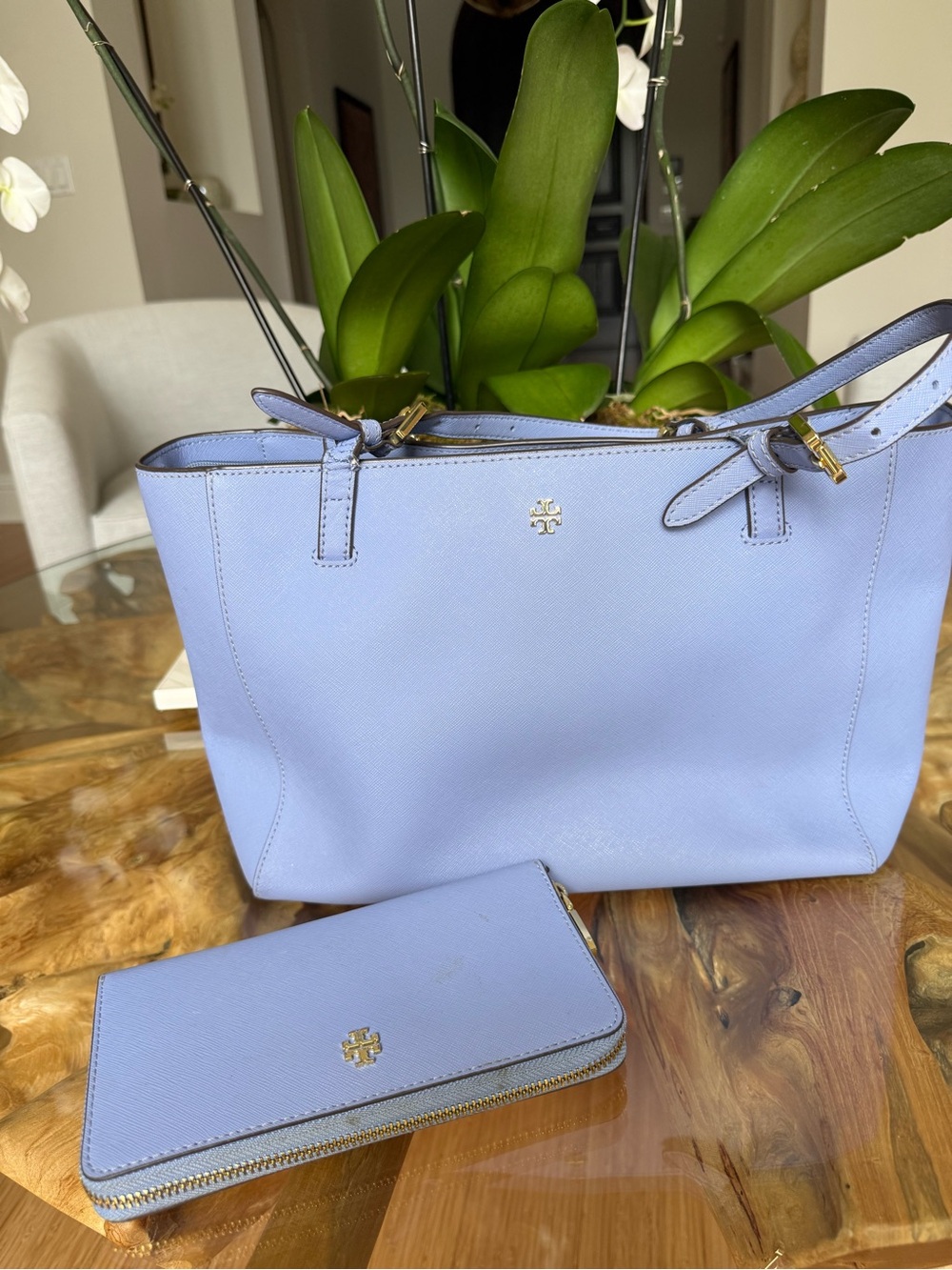 Tory Burch York Light Periwinkle Leather Tote with Matching Zip Wallet